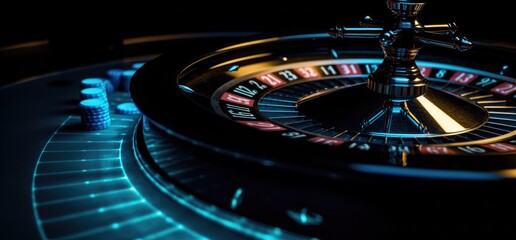 Roulette wheel with blue background and lights, casino photo. Generative AI