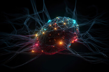 Artificial Intelligence concept - 3d rendered image. Dark background. Glowing abstract digital neuron connections. Hologram human brain view. Innovative process technology. Plexus line