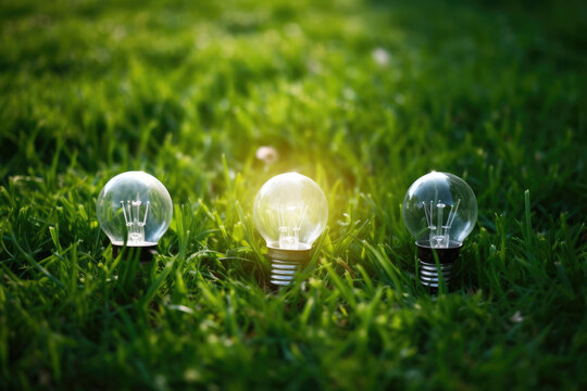 Clan alternative energy and energy saving concept. Light bulbs in green grass with copy space. Generative AI