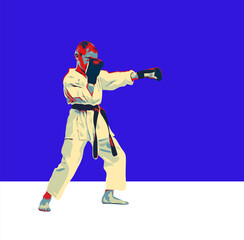 An athlete in a kimono with a blue belt and gloves makes a punch with his hand. Drawing in blue, red and white