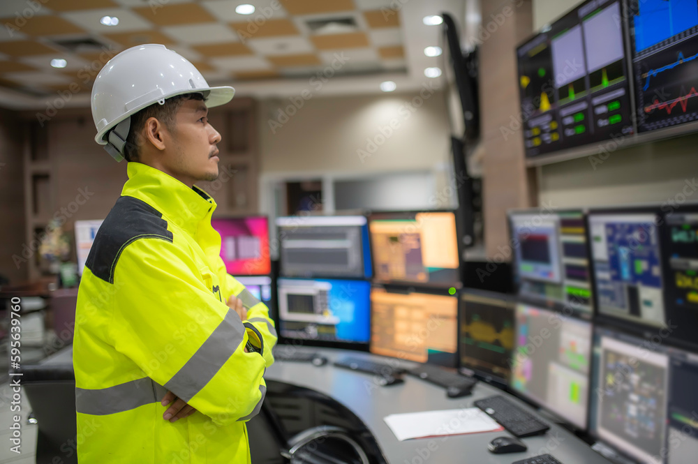 Wall mural engineer working at control room,manager control system,technician man monitoring program from a lot