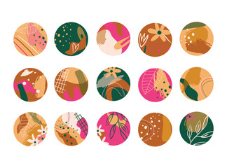 Round texture and abstract icons for social media story. Set of various vector highlight covers. Trendy backgrounds. Stories highlights backgrounds for lifestyle, travel and beauty bloggers.