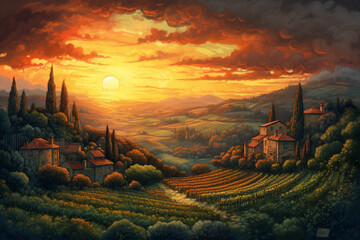 painting of a small village of the tuscany
