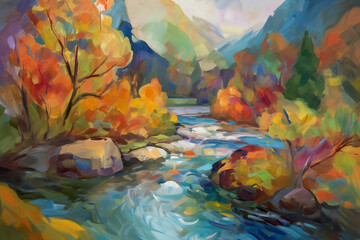 painting of a river with colorful leaves