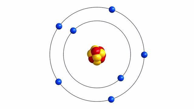 3d rendered animation with alpha channel of atom structure of nitrogen
Protons are represented as red spheres, neutron as yellow spheres, electrons as blue spheres