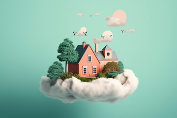 abstract cartoon house on a cloud