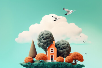 abstract cartoon house on a hill