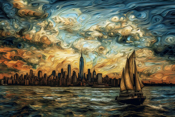 abstract watercolor painting of a city view