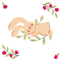 Cute sleeping bunny illustration. Hare on flower leaves. Vector texture for kids bedding, fabric, wallpaper, wrapping paper, textile, t-shirt