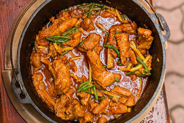 Hungarian goulash prepared on the grill. Close up