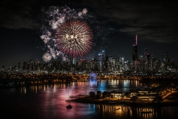 fireworks over city reflecting on water created with Generative AI technology