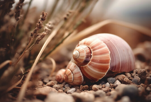 snail shell on the sand beach, nature background, generative ai 