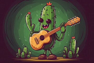 Cartoon Mexican Cactus playing guitar