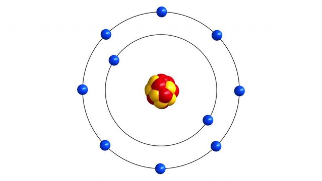 3d rendered animation with alpha channel of atom structure of neon 
Protons are represented as red spheres, neutron as yellow spheres, electrons as blue spheres