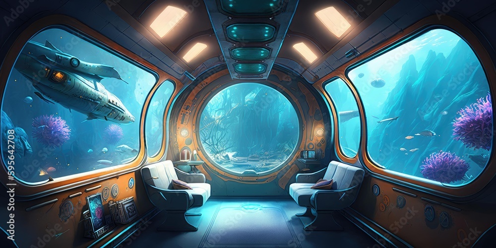 Poster futuristic interior of spaceship inside of hallway. superlative generative ai image.