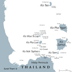 From Ko Samui to Ko Tao, gray political map. Popular tourist and travel destinations with numerous islands off the coast of Thailand, geographically in the Chumphon Province and Surat Thani Province.