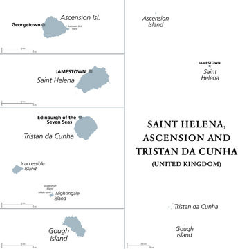 Saint Helena, Ascension and Tristan da Cunha, gray political map. British Overseas Territory in the South Atlantic, capital Jamestown. Saint Helena, Ascension, Tristan da Cunha archipelago, and Gough.