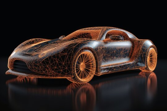 A sports car that transitions into a wireframe model created with generative AI technology.