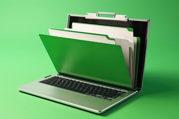File folder on laptop screen with a green background created with generative AI technology. - obrazy, fototapety, plakaty