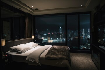 Luxury hotel room at night with a metropolis behind the window created with generative AI technology. - obrazy, fototapety, plakaty