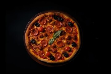 Hot pizza top view. Black background isolated