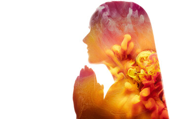 Holy prayer spiritual worship. Repentance salvation. Double exposure yellow ink color glowing cloud...