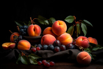 Fototapeta na wymiar A bunch of fruit. Harvest. Apricots. Generative AI