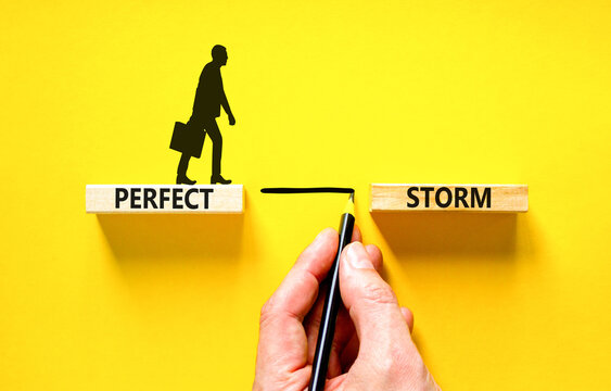 Perfect storm symbol. Concept words Perfect storm on beautiful wooden block. Beautiful yellow table yellow background. Businessman hand. Businessman icon. Business Perfect storm concept. Copy space. - Powered by Adobe
