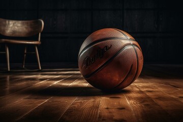 Large leather basketball resting on wooden floor. Generative AI