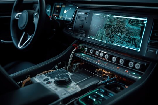 Close-up of automotive communication components, such as sensors, antennas, onboard computers, emphasizing the importance of these items in enhancing vehicle connectivity and safety. Generative AI