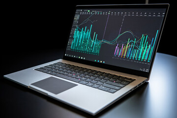 Laptop on black desk showing data streams