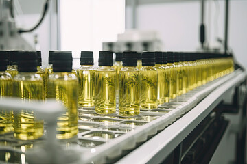 CBD Oil bottles on a production line inside a hydroponic farm. Surrounded by cannabis plants.