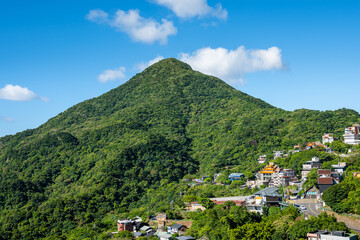 Fototapeta na wymiar Drone fly over Jiufen village on the mountain in Taiwan