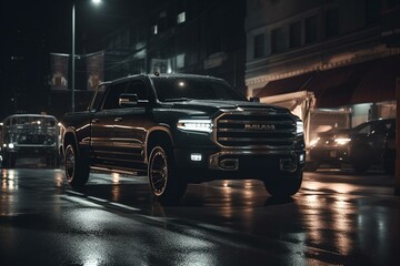 Fototapeta na wymiar Nighttime scene with parked car and truck. Generative AI