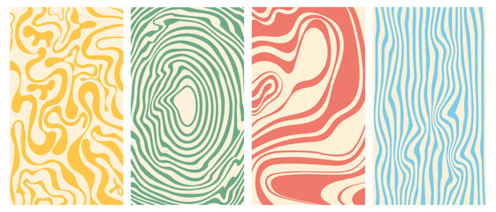 Groovy hippie 70s vector backgrounds set.Backgrounds in trendy retro trippy style. Twisted and distorted vector texture in trendy retro psychedelic style