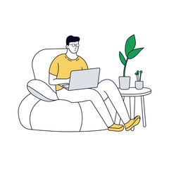 Young man doing freelance work from home flat line art minimal illustration.