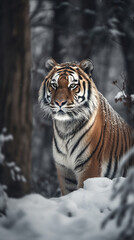 A regal Siberian tiger standing in a snow-covered forest, its thick fur providing warmth against the cold, snowflakes falling around it, with a sense of peacefulness and tranquility in the scene, capt