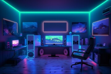 Gamer room with RGB lights, neon colors. Gamer Streamer space. Modern workspace with computer on the desk. Generative AI.