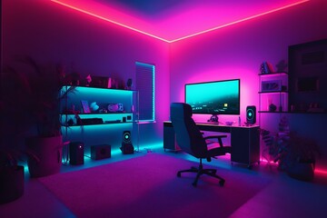 Fototapeta na wymiar Gamer room with RGB lights, neon colors. Gamer Streamer space. Modern workspace with computer on the desk. Generative AI.