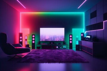 Gamer room with RGB lights, neon colors. Gamer Streamer space. Modern workspace with computer on the desk. Generative AI.