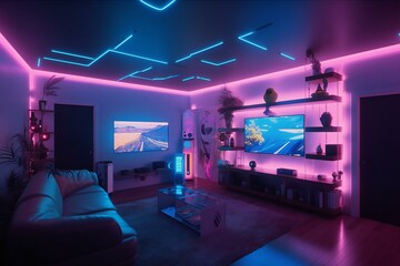 Gamer room with RGB lights, neon colors. Gamer Streamer space. Modern workspace with computer on the desk. Generative AI.