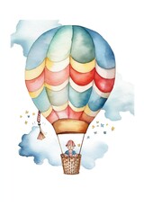 watercolor blue and red hot air balloon surrounded by clouds and stars. Vector Illustration. Wall art. White Background. Generative AI