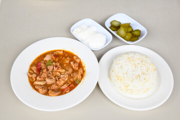 Traditional delicious Turkish food; Turkish style rice pilaf (Turkish name; Arpa sehriyeli. tavuk, kuru fasulyeli, pirinc pilavi)