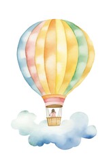 watercolor colorful hot air balloon surrounden by clouds, pastel colors. Wall art. Vector illustration. White background. Generative AI