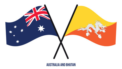 Australia and Bhutan Flags Crossed And Waving Flat Style. Official Proportion. Correct Colors.