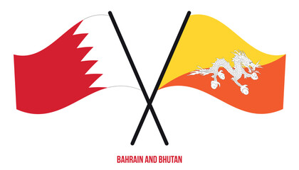 Bahrain and Bhutan Flags Crossed And Waving Flat Style. Official Proportion. Correct Colors.