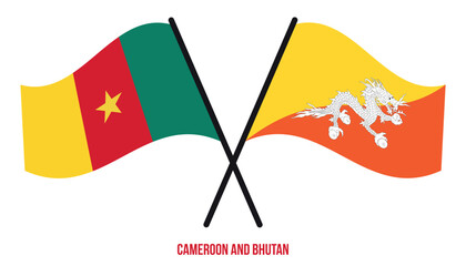 Cameroon and Bhutan Flags Crossed And Waving Flat Style. Official Proportion. Correct Colors.