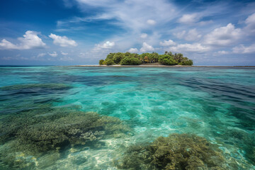 Fototapeta na wymiar Tropical island and cristal clear water of maldives. Half underwater . High quality photo