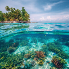 Fototapeta na wymiar Tropical island and cristal clear water of maldives. Half underwater . High quality photo