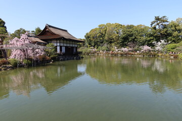  A scene of Shobi-kan Hall for special guests and Seiho-ike Pond and Higashi-shin-en Japanese Garden in the precincts of Heian-jingu Shrine in Kyoto City in Japan 日本の京都市の平安神宮境内にある 東神苑と栖鳳池と尚美館の風景